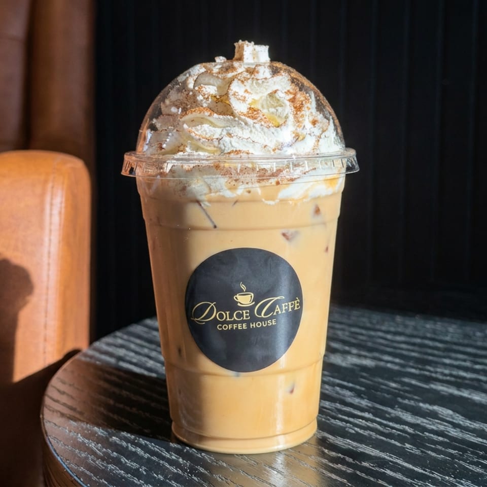 Iced blended coffee topped with whipped cream and cinnamon sits in a Dolce Caffè Coffee House cup on a rustic table.